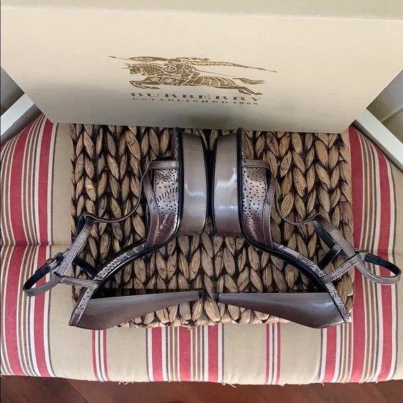 Burberry Leather T-Strap Stilettos in Dark Nickel